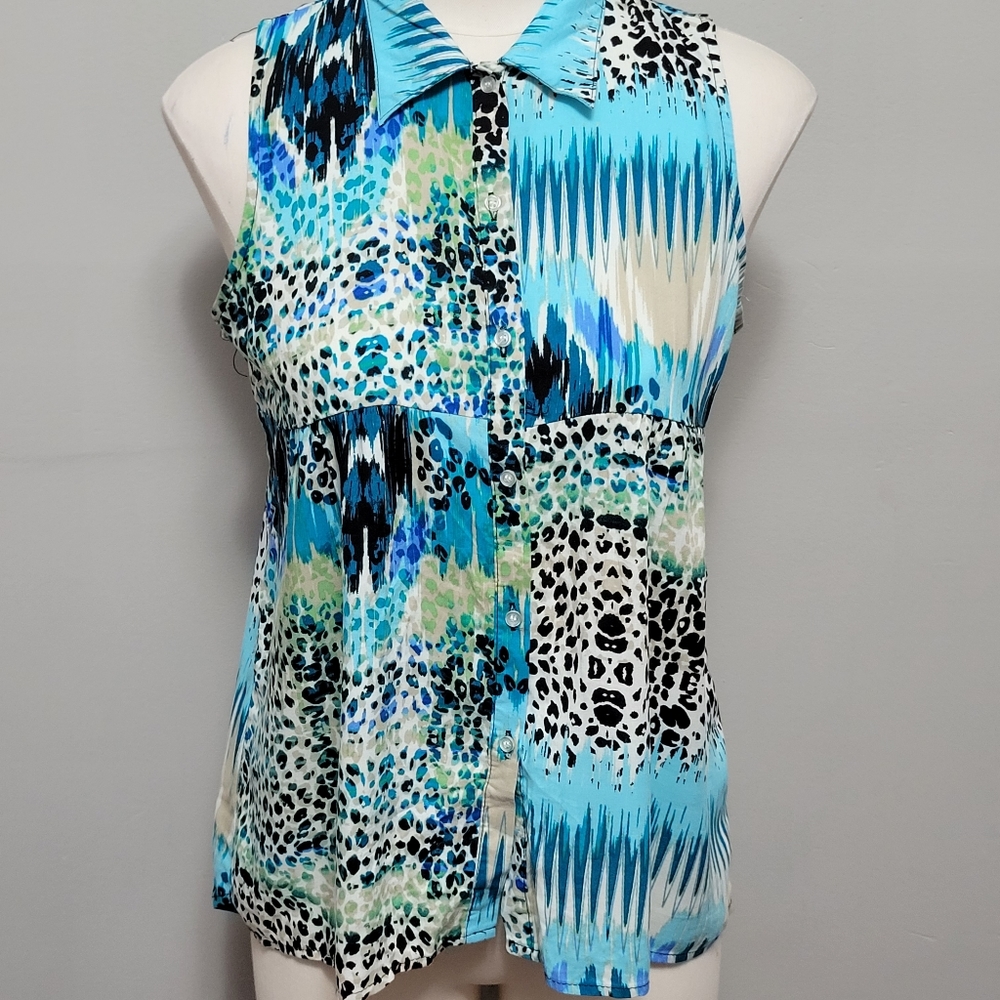 Trixie & Lulu bright animal print sleeveless button down size small